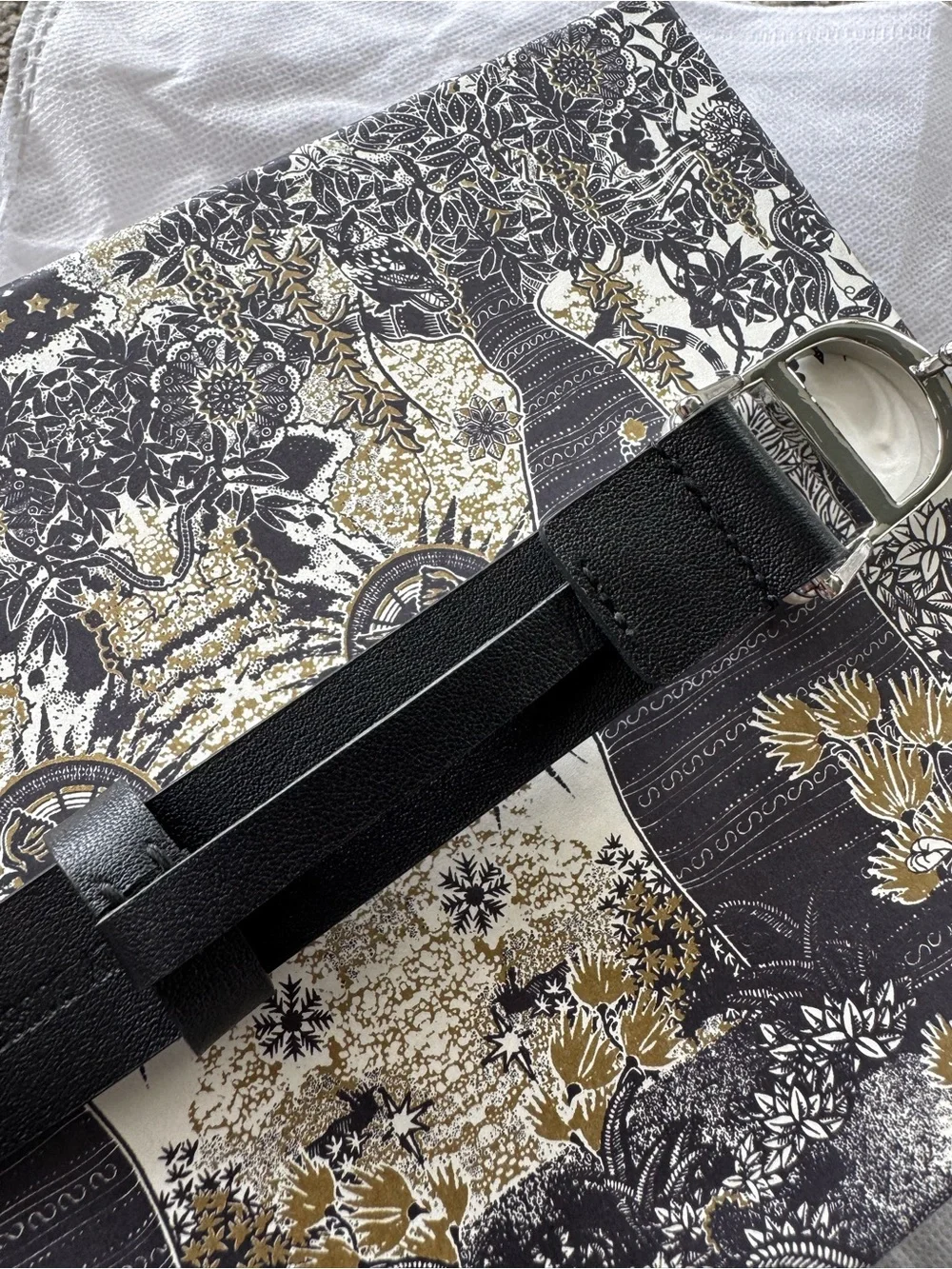 Women CD Pearl-Embellished-Silver Black Leather Belt with box